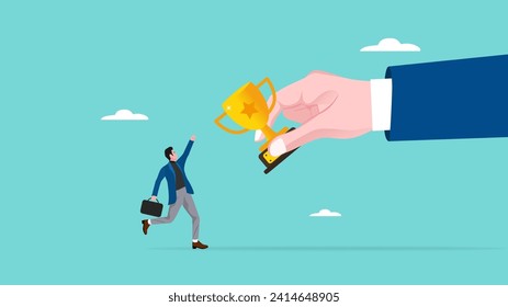 businessman holding trophy vector illustration suitable to describe about business success, career achievement concept, celebrate work achievement, winning prize or trophy illustration with flat style