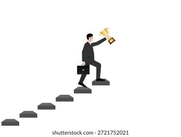 Businessman holding Trophy while walking upstairs. Goal Achievement and Business Success Concept. Vector Illustration.