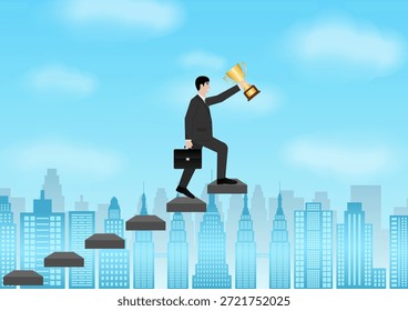 Hombre de negocios sosteniendo trofeo mientras camina arriba. Consecución de objetivos y concepto de éxito empresarial. Ilustración vectorial.
