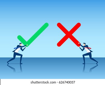 Businessman holding true and false sign. Positive and negative feedback concept. Yes or No icons flat design style. Cartoon Vector Illustration.