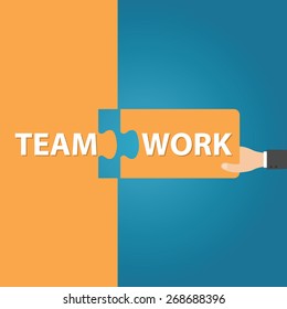 businessman holding two matching puzzle pieces with the word - Teamwork, vector illustration