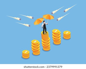 Businessman holding two umbrellas protecting his assets from meteors isometric 3d vector illustration concept