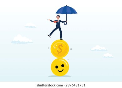 Businessman holding umbrella balancing himself on stack of smile face and dollar coin, balance between money and happiness, wealth and health, choosing meaningful life and real success (Vector)