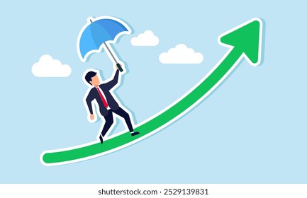 A businessman holding an umbrella climbs a rising green graph, illustration of the use of insurance to safeguard a growing business