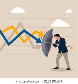 Businessman holding umbrella to cover and protect from downturn arrow. Protection or defensive stock in economy crisis or market crash, business resilient to survive difficulty or insurance concept.