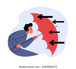 Businessman holding umbrella to cover and protect from flying arrows. Protection in economic crisis. Crisis management or insurance concept. Leadership in crisis situation