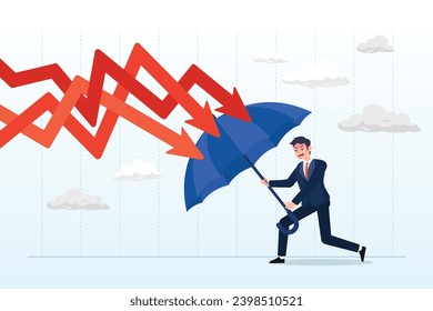 Businessman holding umbrella to cover and protect from downturn arrow, protection or defensive stock in economy crisis or market crash, business resilient to survive difficulty or insurance (Vector)