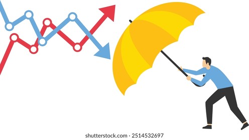 Empresário segurando guarda-chuva para cobrir e proteger da seta de queda. Proteção ou ações defensivas em crise econômica ou crise de mercado, empresas resilientes para sobreviver à dificuldade ou conceito de seguro.

