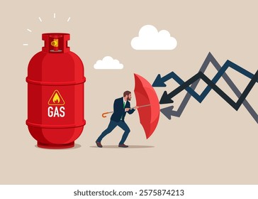 Businessman holding umbrella to cover and protect from downturn arrow. Protect the price of natural gas. Defensive stock in economy crisis or market crash. Sale of natural gas and fuels, diesel, oil. 