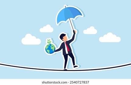 businessman holding an umbrella, globe, and plant, standing unbalanced on a rope and aiming to cross it, illustration of sustaining earth's ecosystem by keeping business go green