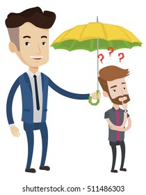 Businessman holding umbrella over young man. Hipster man standing under umbrella and question marks. Concept of protection and insurance. Vector flat design illustration isolated on white background.
