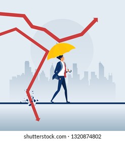 Businessman Holding Umbrella Protect Graph Down. Protection From Economic Crisis