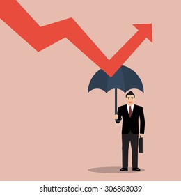 Businessman Holding Umbrella Protect Graph Down. Protection From Economic Crisis