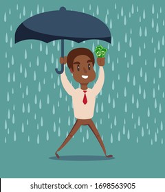Businessman holding umbrella to protect money. Vector illustration for financial, insurance savings concept
