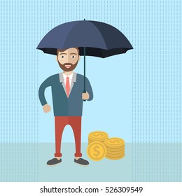 Businessman holding umbrella to protect money. Vector illustration for financial, insurance savings concept
