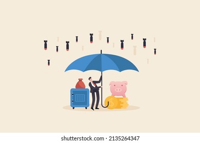 Businessman holding an umbrella to protect property. Protect finance insurance or financial security to survive in market downturn, protect retirement pension fund or safety guard concept from war.