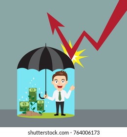 Businessman Holding Umbrella Protecting Graph Down, Illustration Vector Cartoon