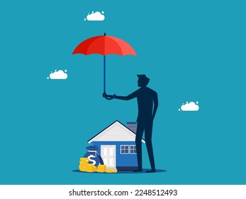 Businessman holding an umbrella protecting piles of coins and houses. concept of protection of assets or wealth