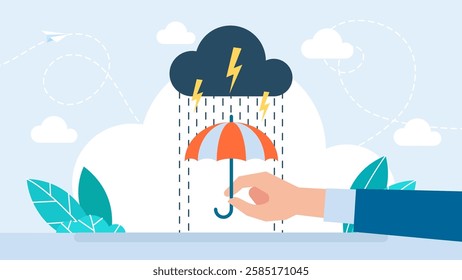 Businessman holding umbrella with rain and cloud, business concept.
A business man is ready for the storm. The concept of crisis preparedness. Cloud with Rain drop on umbrella. Vector illustration