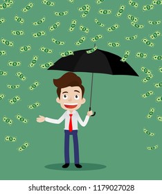 Businessman holding an umbrella and reaching out to touch the rain of money, Cartoon vector illustration