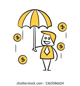 businessman holding umbrella for risk protection concept, doodle character design