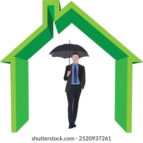 Businessman holding an umbrella is standing under a house shape representing the concept of insurance