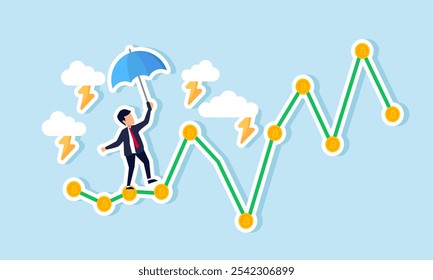 Um homem de negócios segurando um guarda-chuva permanece inconstante em um gráfico de bitcoin em meio a uma tempestade, ilustração passo a passo de crescimento de ativos de investimento de bitcoin, apesar de muitos desafios