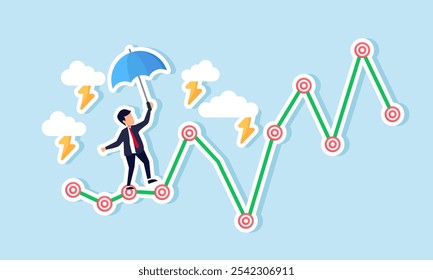 Um homem de negócios segurando um guarda-chuva permanece inconstante em um gráfico de placa-alvo em meio a uma tempestade, ilustração passo a passo de melhorar o desempenho da meta de negócios para o crescimento