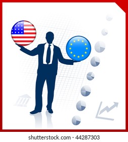 Businessman Holding United States and european union Internet Flag Buttons Original Vector Illustration
