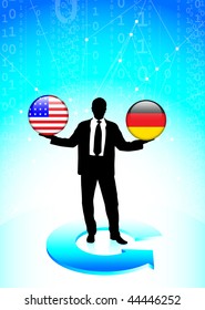 Businessman Holding United States and Germany Internet Flag Buttons Original Vector Illustration
