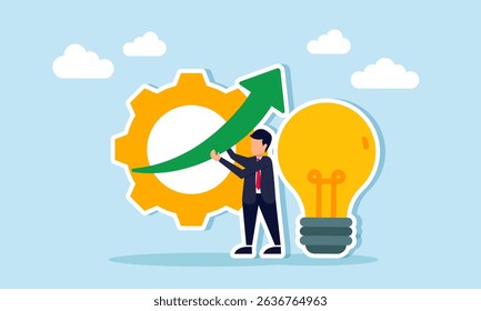 Businessman holding an upward arrow in front of a gear and lit lamp illustration of performance improvement through the right business idea implementation