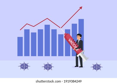 Businessman holding a vaccine syringe to inject and push financial graph rising up