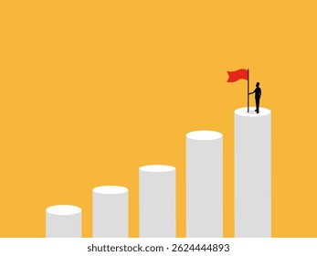 Businessman holding the victory flag on the growth bar chart