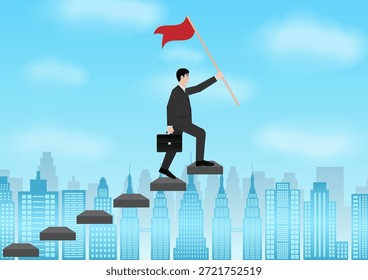 Empresario sosteniendo la bandera de la victoria mientras camina arriba. Consecución de objetivos y concepto de éxito empresarial. Ilustración vectorial.