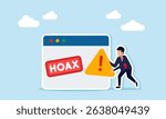 Businessman holding warning sign next to app interface showing hoax board illustration of scam website or app alert