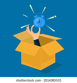 Businessman holding a watch out of a box. Out of time concept. vector illustration