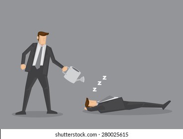 Businessman holding watering can over lazy slacker. Creative vector cartoon illustration on concept of work ethic and laziness, isolated on grey background.