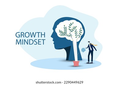 businessman holding  watering can for put think growth mindset different fixed mindset concept