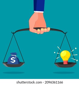 Businessman holding weighing scale with money bag and idea bulb . Balance of creativity and money