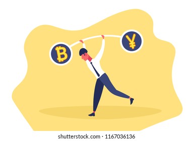 Businessman holding weights balance scales currency comparison bitcoin yuan banking finance business concept stability equality money horizontal flat vector illustration