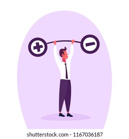 Businessman holding weights balance scales plus minus sign debt loan crisis concept positive negative debit credit male cartoon character flat vector illustration