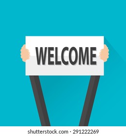 Businessman holding welcome sign, vector