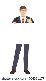 Businessman holding white blank poster and pointing at himself. Full length portrait of businessman character in a flat style. Vector illustration. 