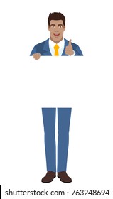 Businessman holding white blank poster and showing thumb up. Full length portrait of Black Business Man in a flat style. Vector illustration.
