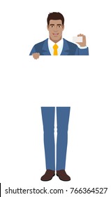 Businessman holding white blank poster and showing the business card. Full length portrait of Black Business Man in a flat style. Vector illustration.