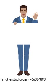 Businessman holding white blank poster and greeting someone with his hand raised up. Full length portrait of Black Business Man in a flat style. Vector illustration.