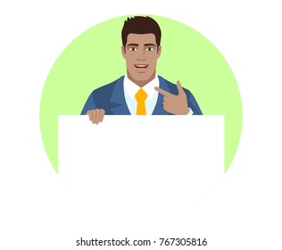 Businessman holding white blank poster and pointing at himself. Portrait of Black Business Man in a flat style. Vector illustration.