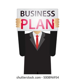 businessman holding a white board with business plan in front of his head, isolated on white background