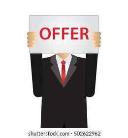 businessman holding a white board with OFFER in front of his head, isolated on white background