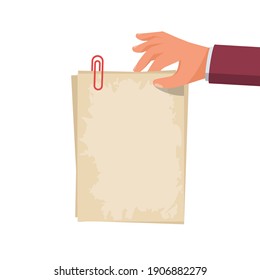 Businessman is holding a white old blank sheet. Template for your text. A place to promote advertisements and demonstration. Vector illustration vintage design. Isolated on white background.
